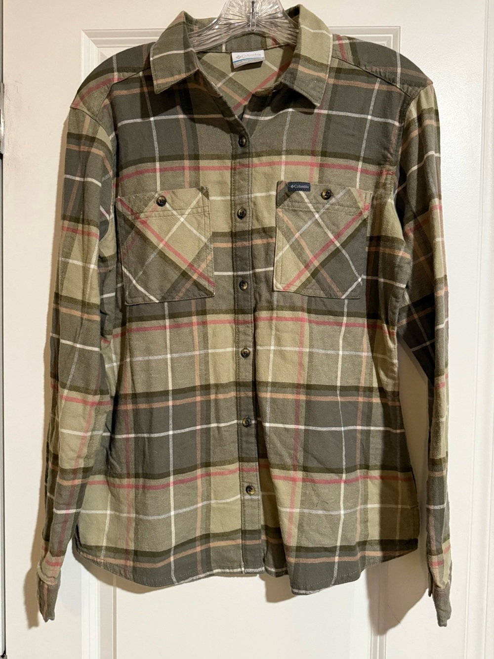 Columbia Men's Olive Green and Tan Plaid Button-Down Shirt